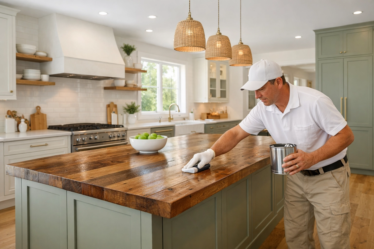 Professional kitchen renovation using eco-friendly low-VOC finishes on a reclaimed wood island for better air quality.