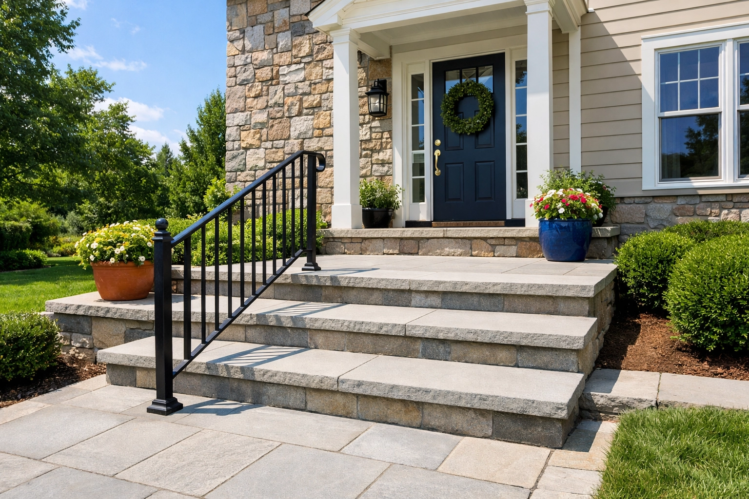 Clean outdoor stone steps with a secure black handrail for safe home entry.