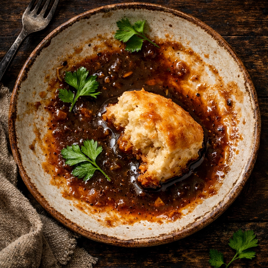 A hand-torn biscuit sopping up rich gravy on a rustic plate, highlighting the tradition of Southern food catering.
