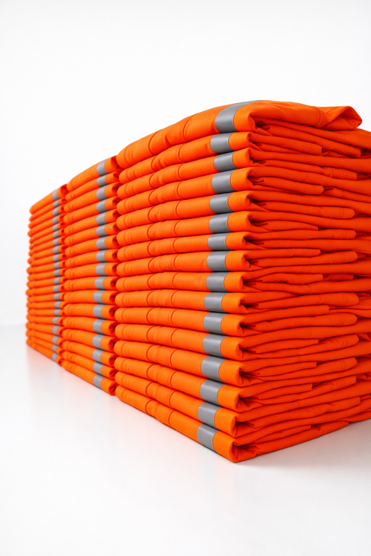 A stack of folded high-visibility orange custom t-shirts for bulk crew uniform ordering.