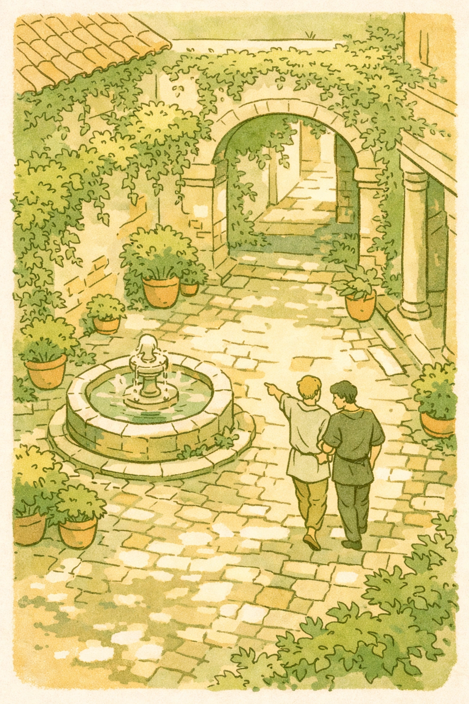 Two men exploring hidden courtyard in Rome - gay travel romance scene