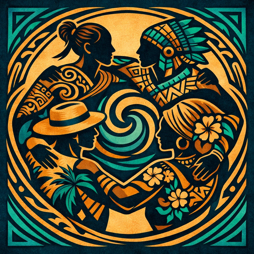 Artistic representation of Polynesian, Mexican, and Caribbean unity featuring traditional cultural patterns.