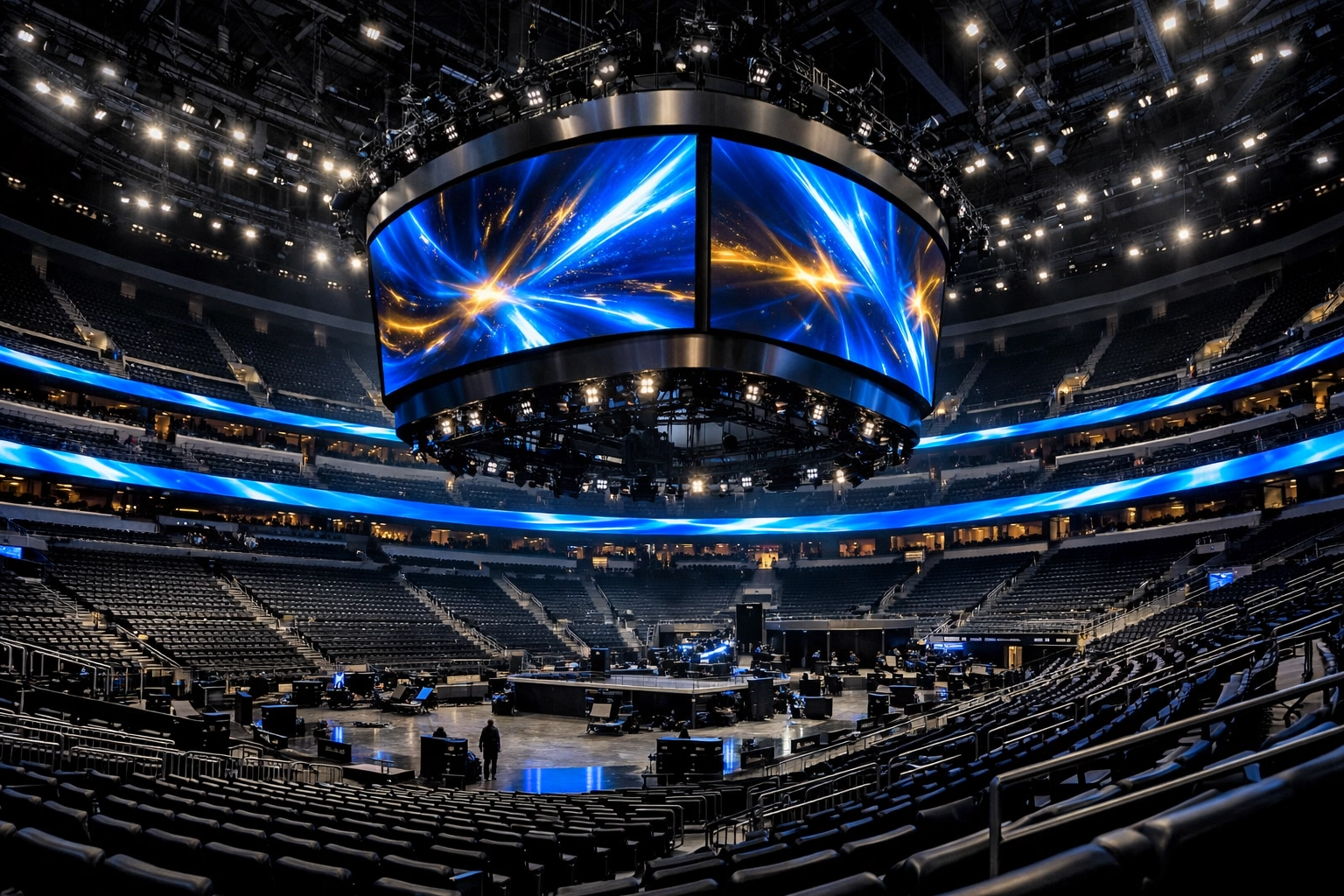 Innovative digital media displays and DVLED ribbon boards inside a professional sports arena venue.