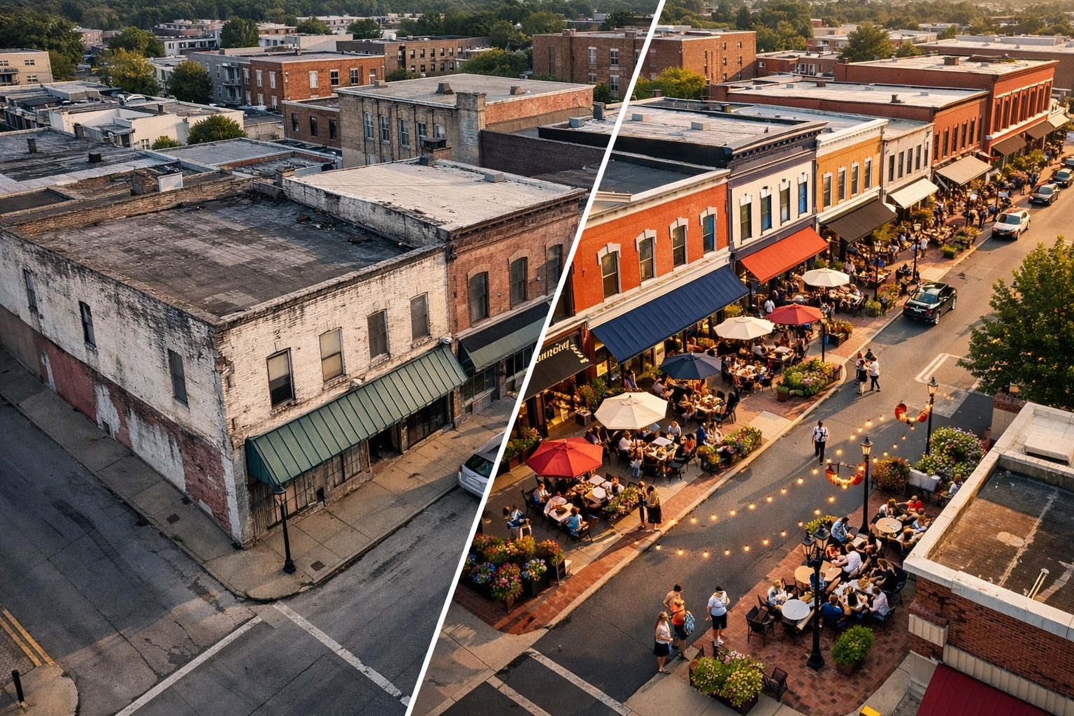 Before and after commercial building renovation showing downtown transformation in coastal NC