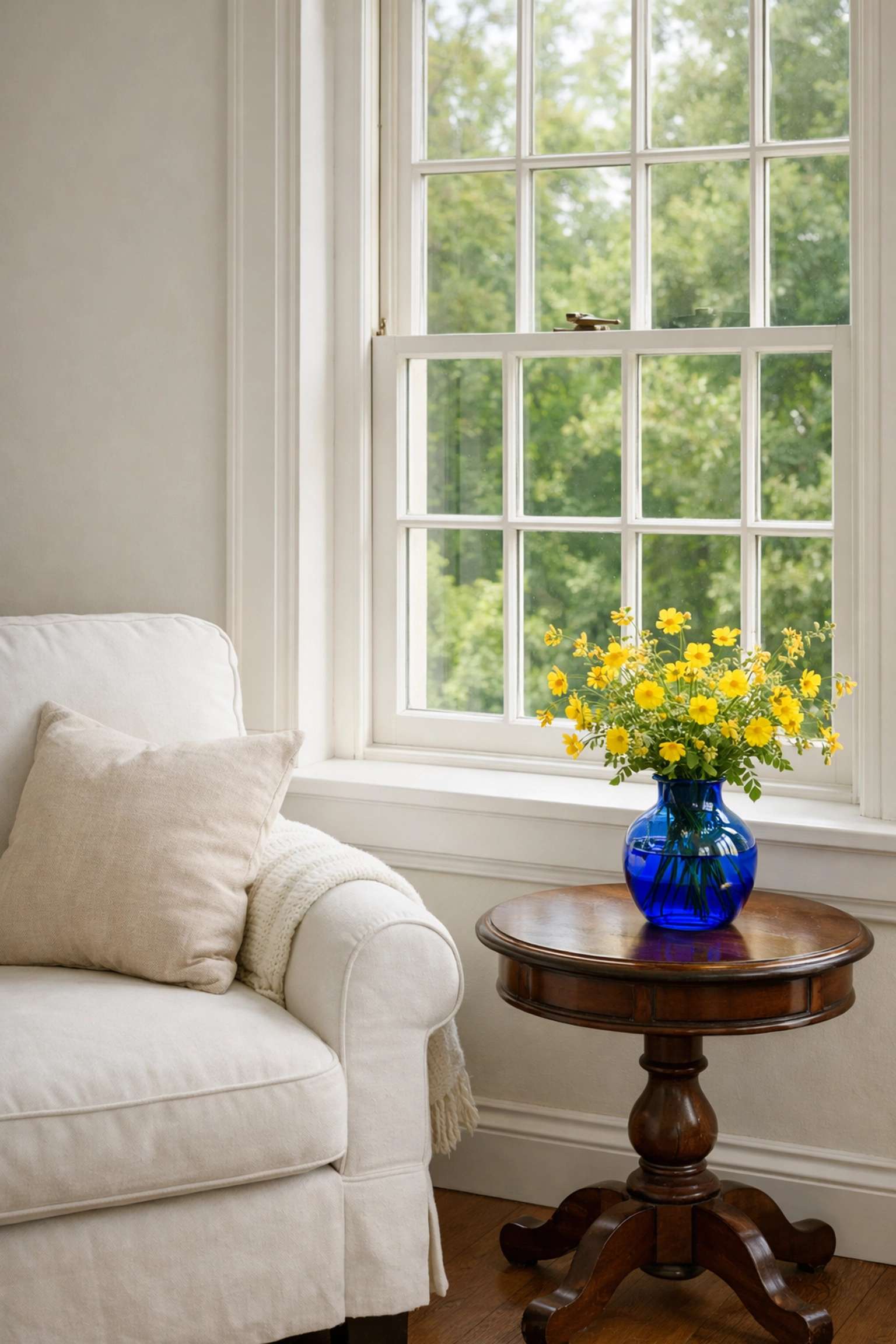 Pristine 19th-century reading nook and window sill in a deep-cleaned Wayland historic house.