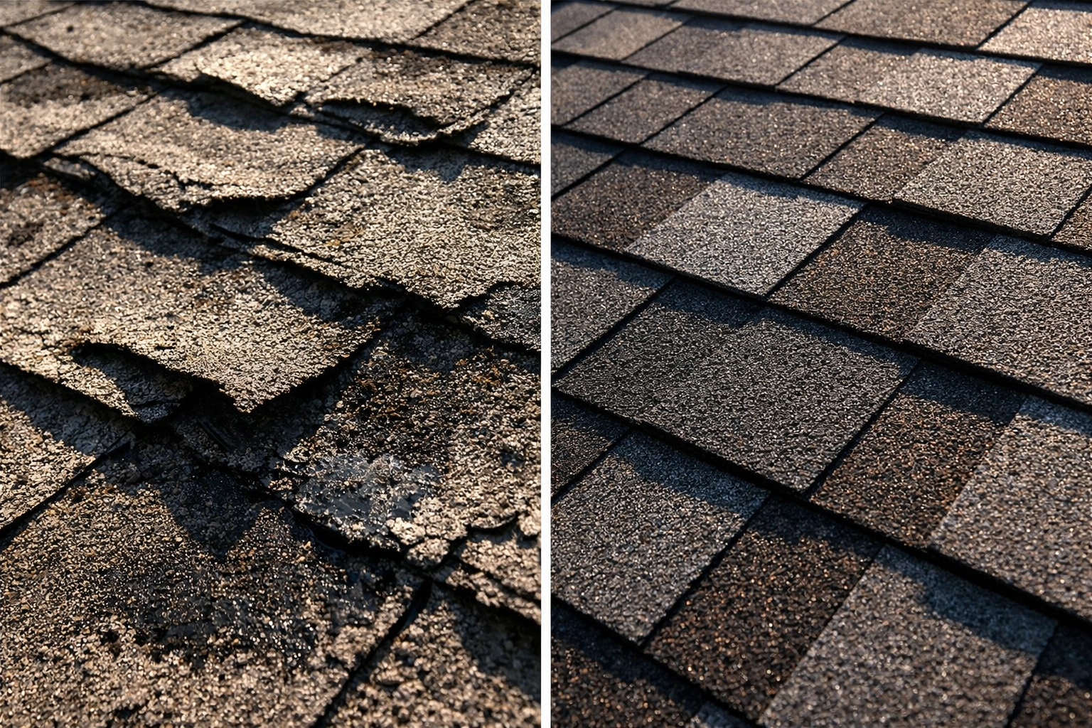 Comparison of old deteriorated roof shingles versus new shingles showing signs of aging and damage