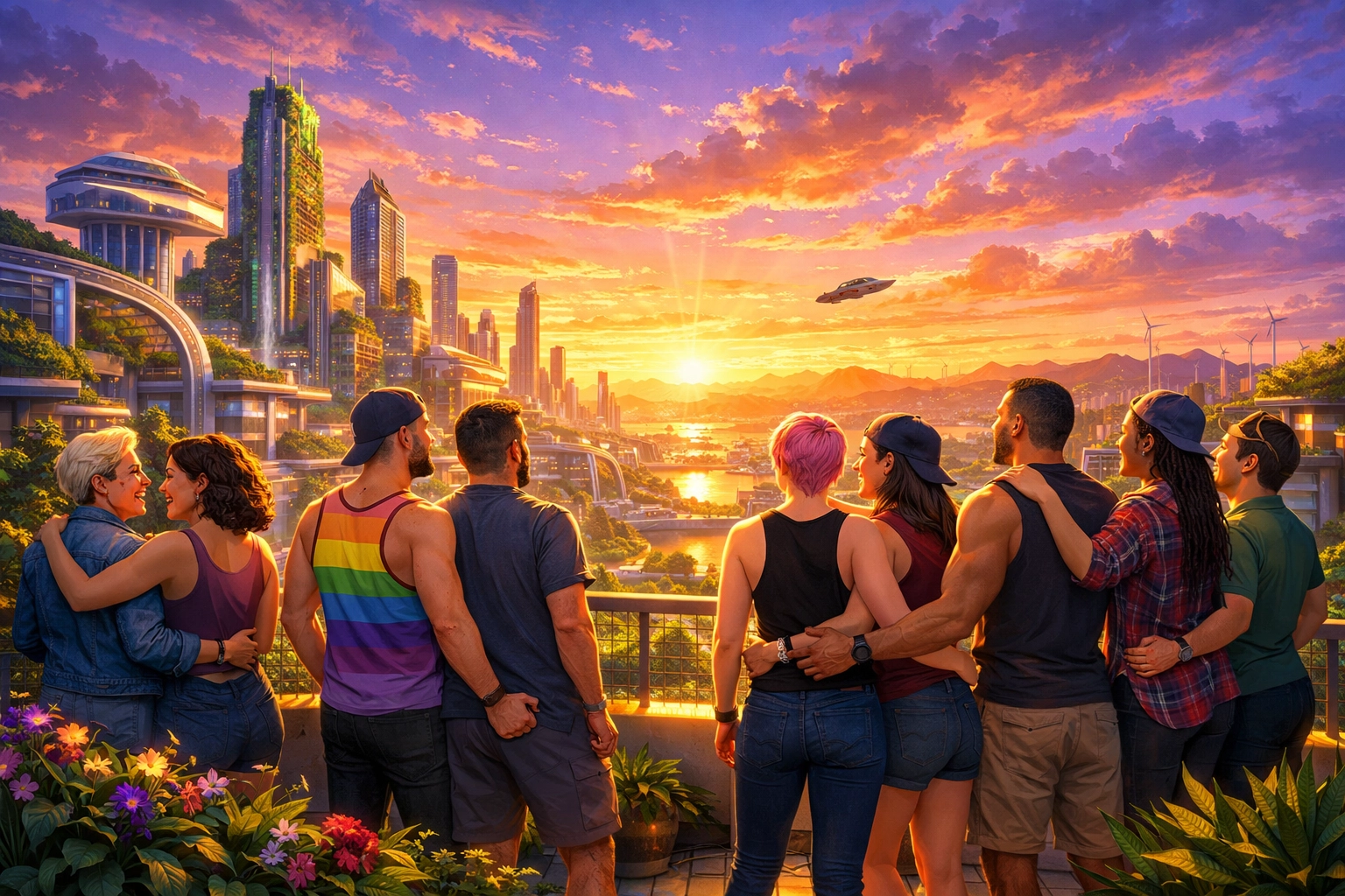 A diverse group celebrating queer joy and LGBTQ+ resilience under a visionary sunrise.