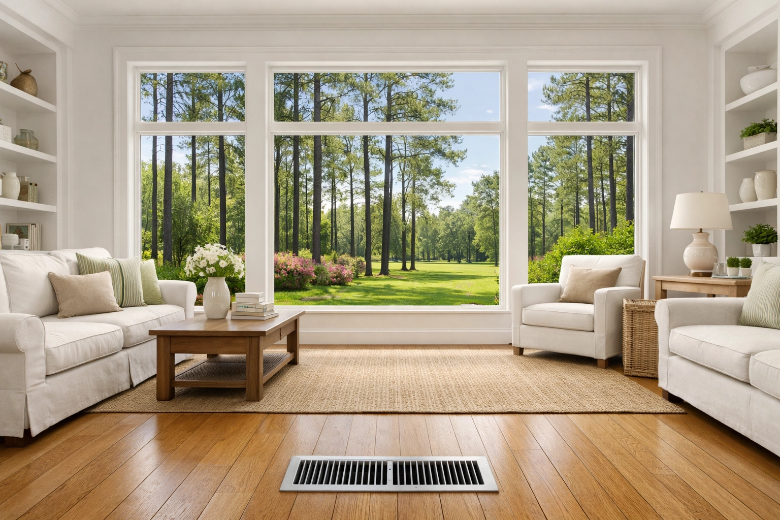 Pristine living room with a clean floor vent, showing the benefits of air duct cleaning in Georgia homes.