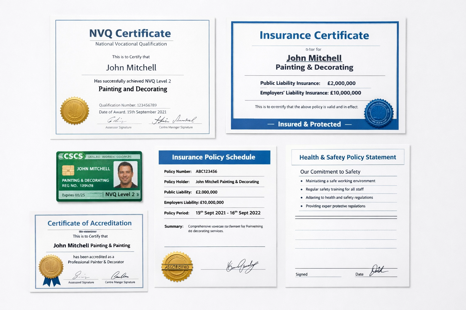 Professional painting qualifications including NVQ certificate, CSCS card and insurance documents