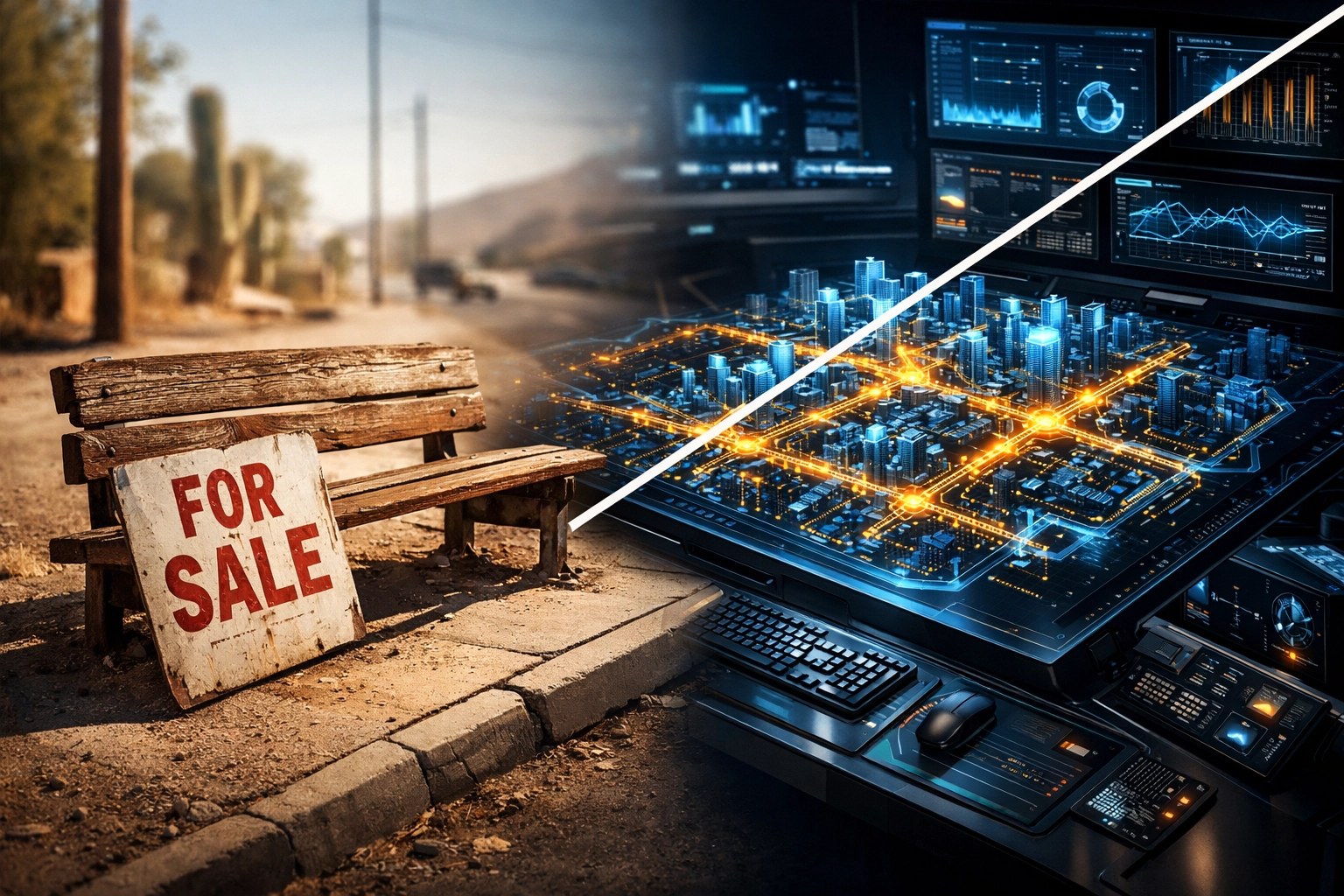 Traditional Phoenix bus bench real estate ad compared to advanced AI marketing digital strategy.