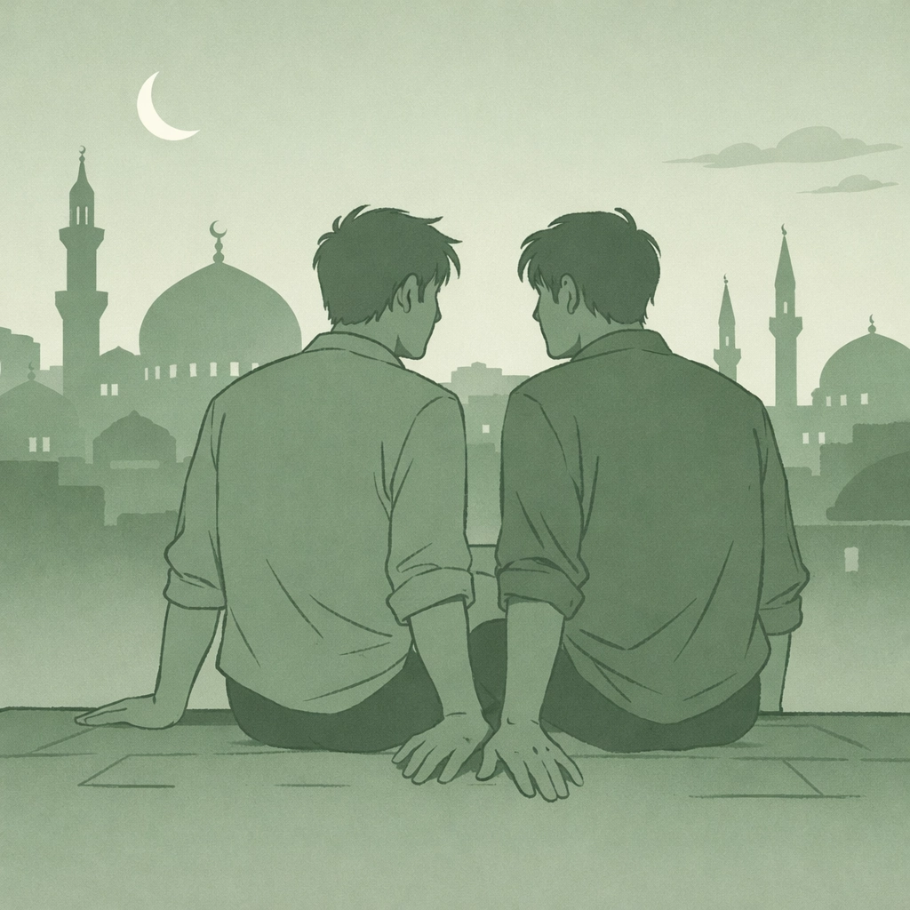 Two men sitting close on rooftop overlooking Middle Eastern cityscape, hands nearly touching