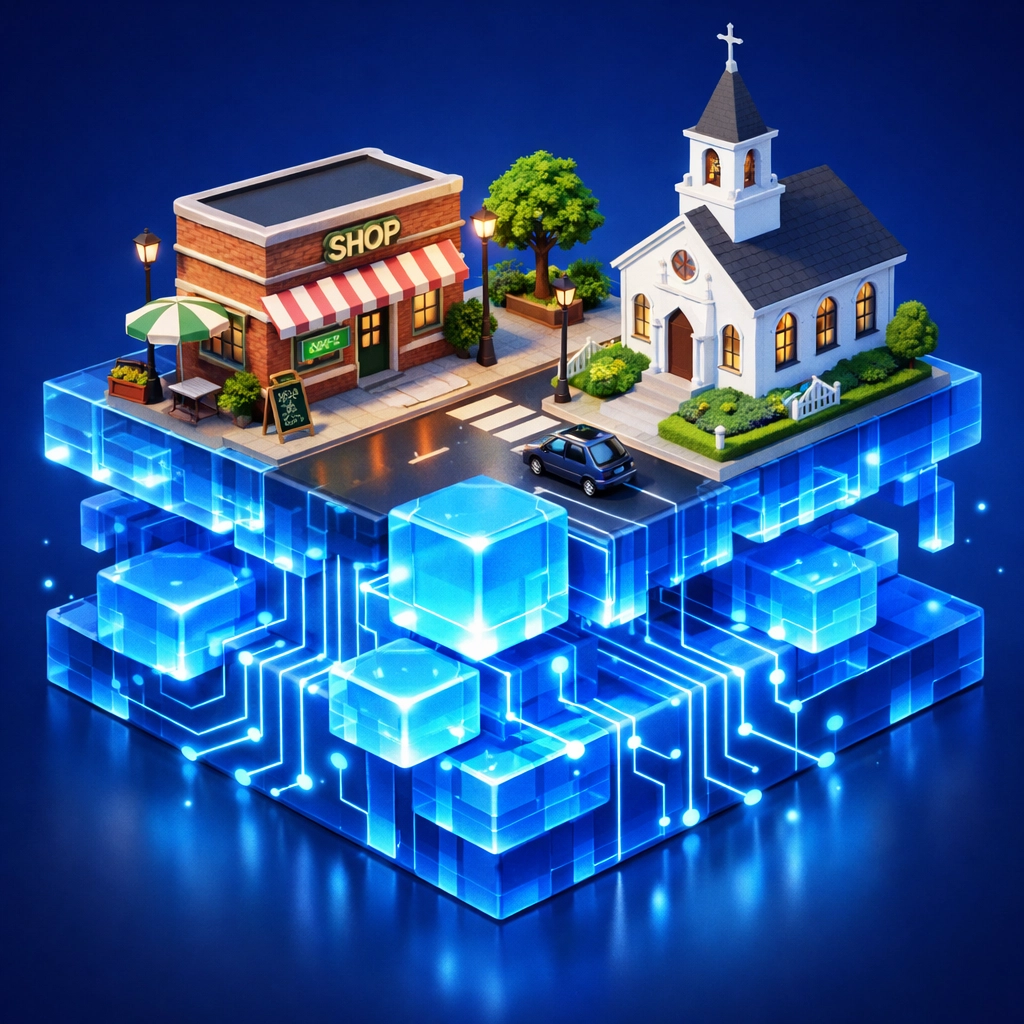 Local main street and church supported by a secure digital AI foundation for seamless operations.