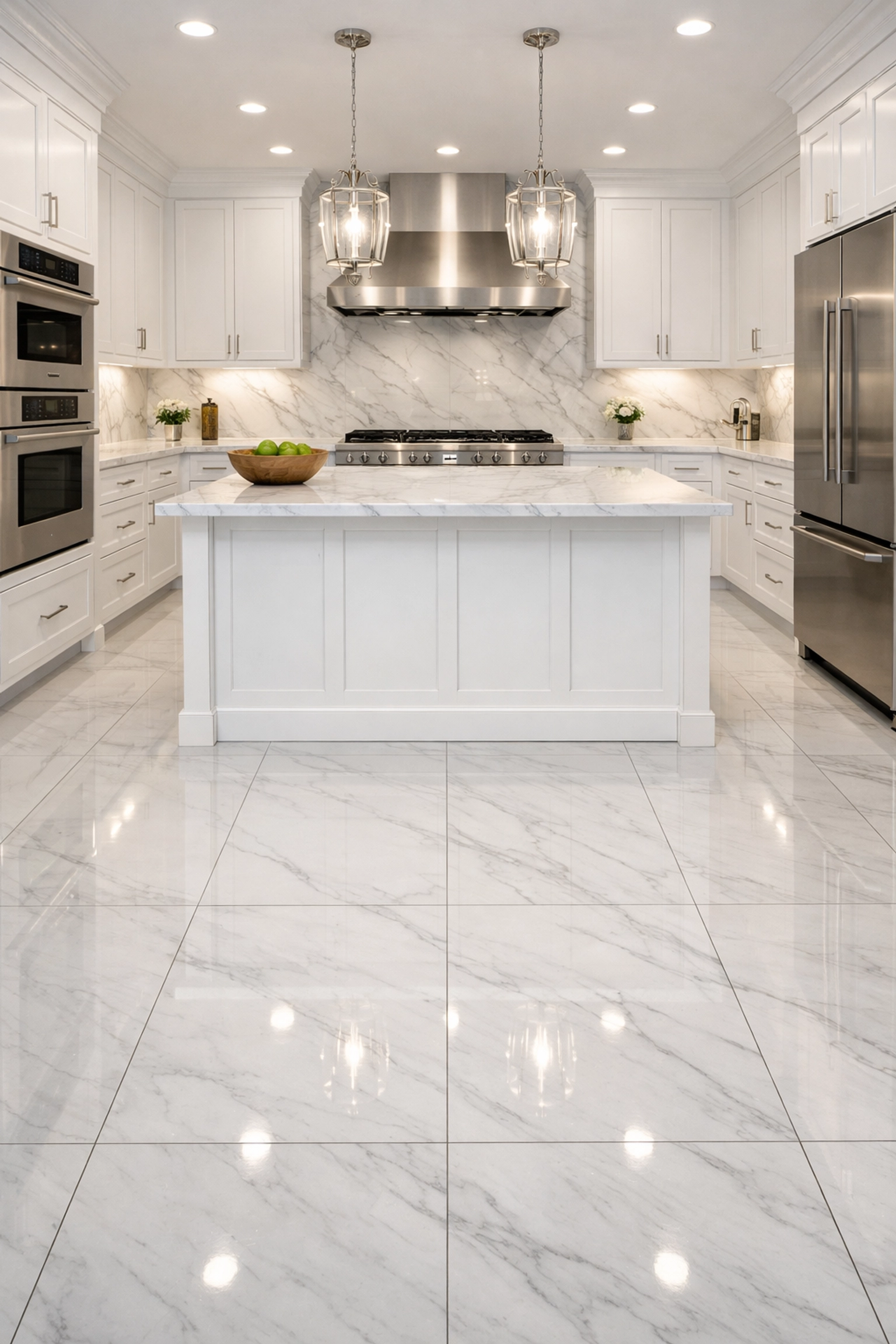 Professional tile installation in an Orlando kitchen featuring large-format porcelain tiles.