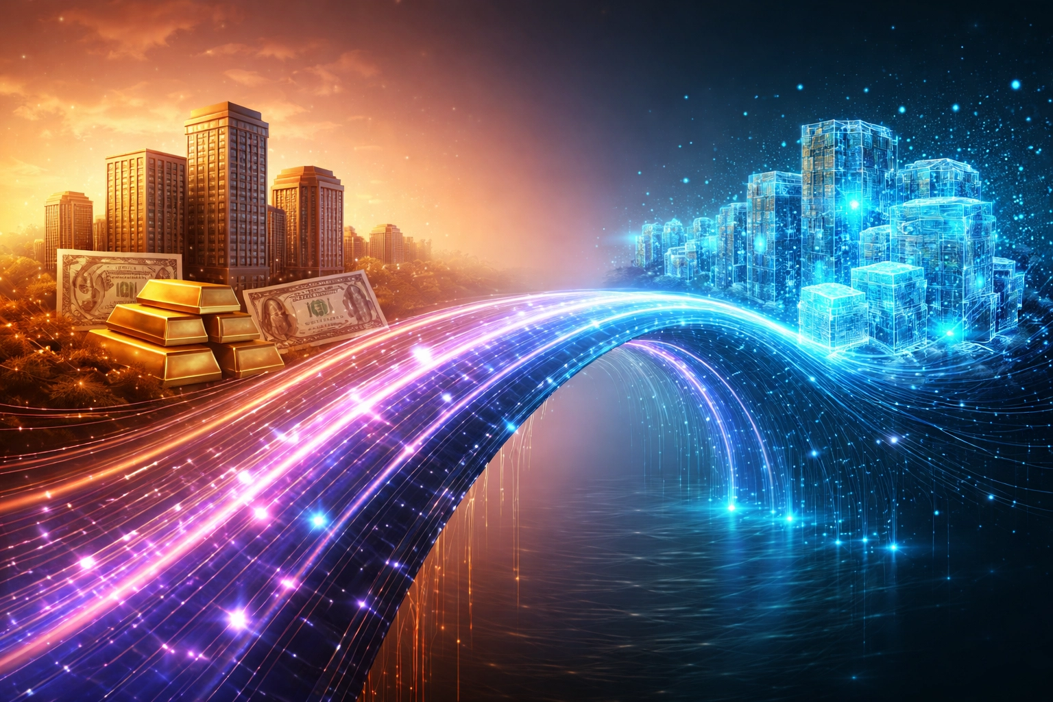 Bridge illustrating traditional assets turning digital, highlighting real-world asset tokenization and blockchain finance.