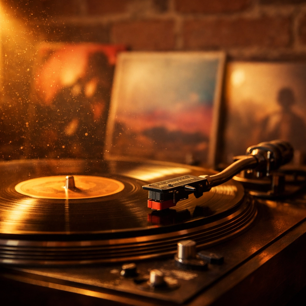 Vintage turntable playing cult classic vinyl record with album covers in background