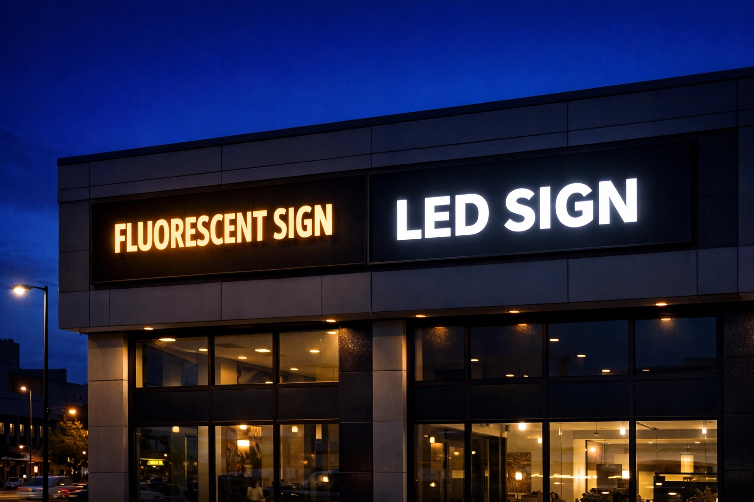 Vergleich klassische Leuchtreklame und LED Lichtwerbung an Gebäudefassade bei Nacht