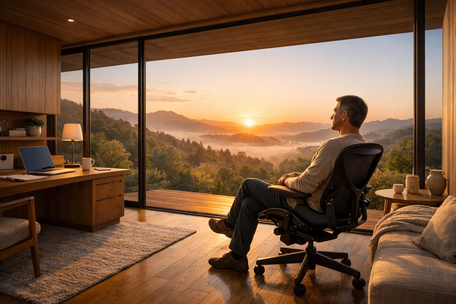A person relaxing in a serene home office at sunrise, symbolizing the freedom and stability of financial discipline.