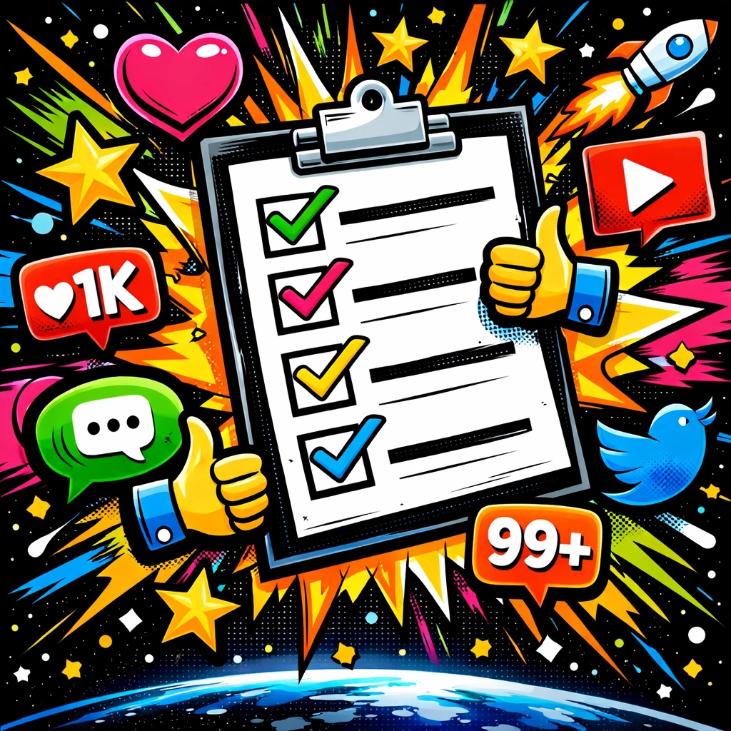 Social media engagement checklist with approval indicators and platform metrics