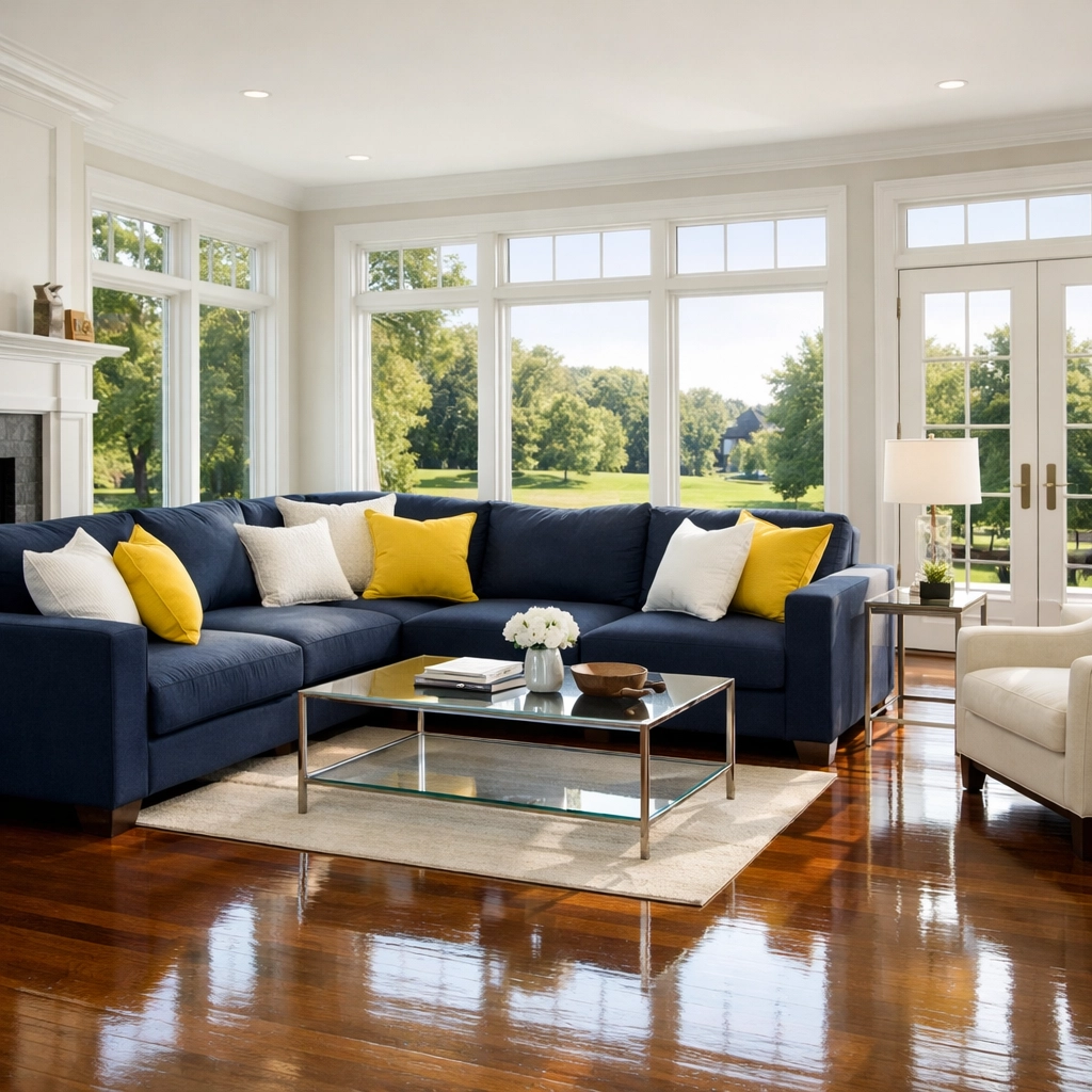 Clean, minimalist Westford living room with polished hardwood floors following a professional house cleaning visit.