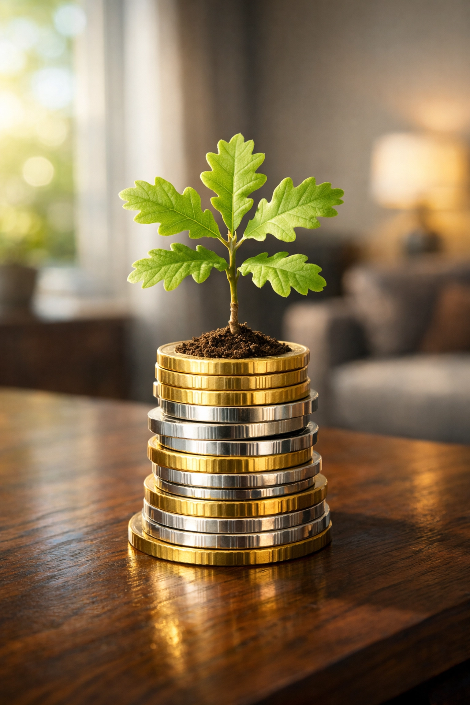 A green sapling growing from a stack of gold and silver coins, representing dividend income growth.