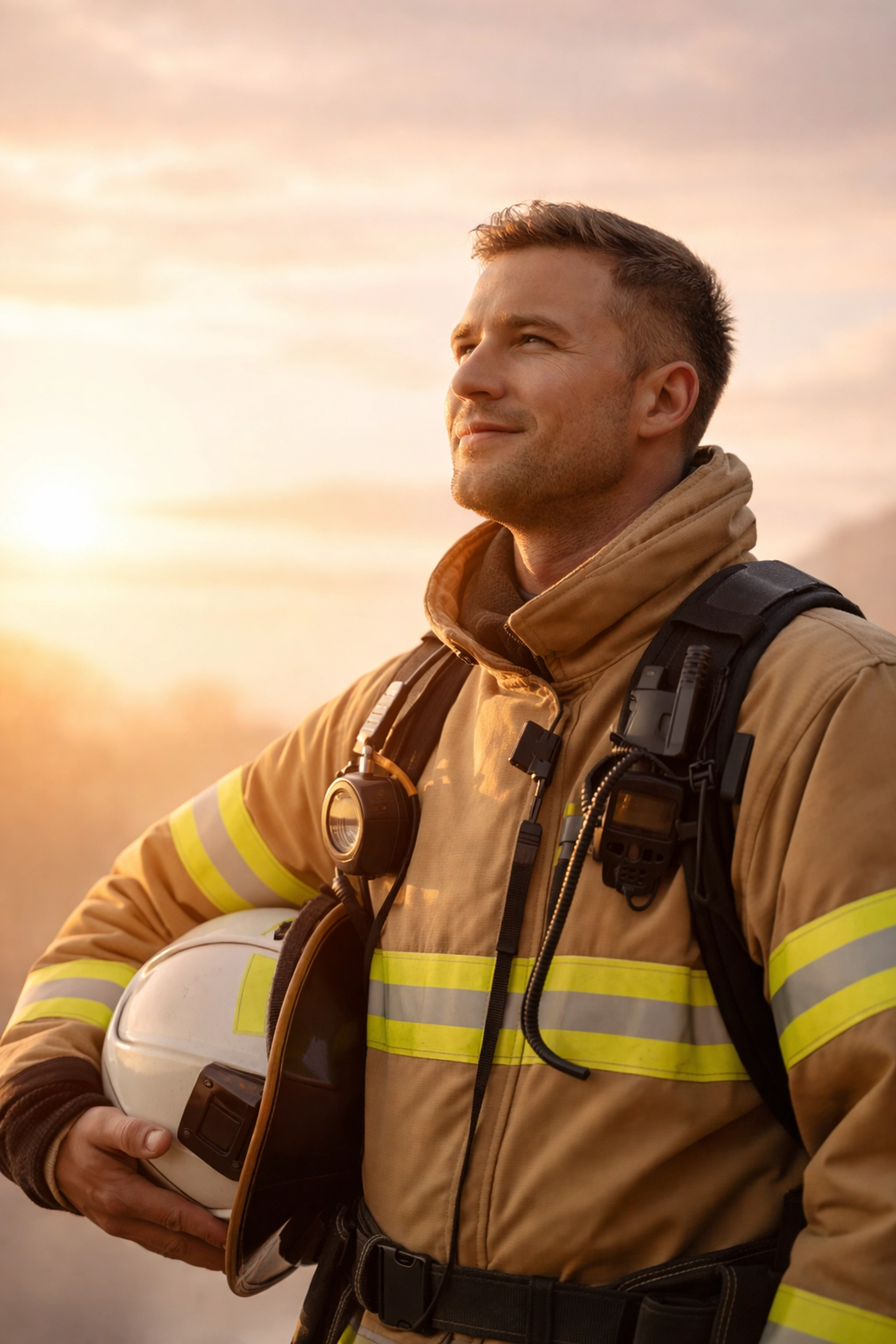 Hopeful firefighter looking toward the horizon, symbolizing new mental health protections in workers comp for first responders.