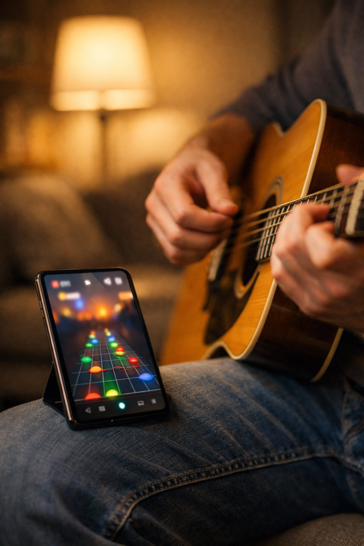 A beginner practicing acoustic guitar using a mobile app at home in Tallahassee.