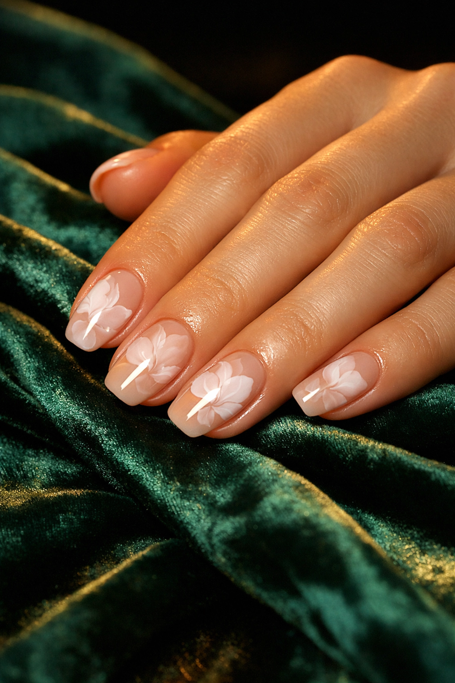 Flawless Russian manicure with white floral blooming gel nail art on a soft nude base.