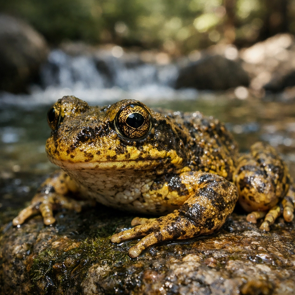 A mountain yellow-legged frog released from the LA Zoo sits on a mossy rock in a California stream.