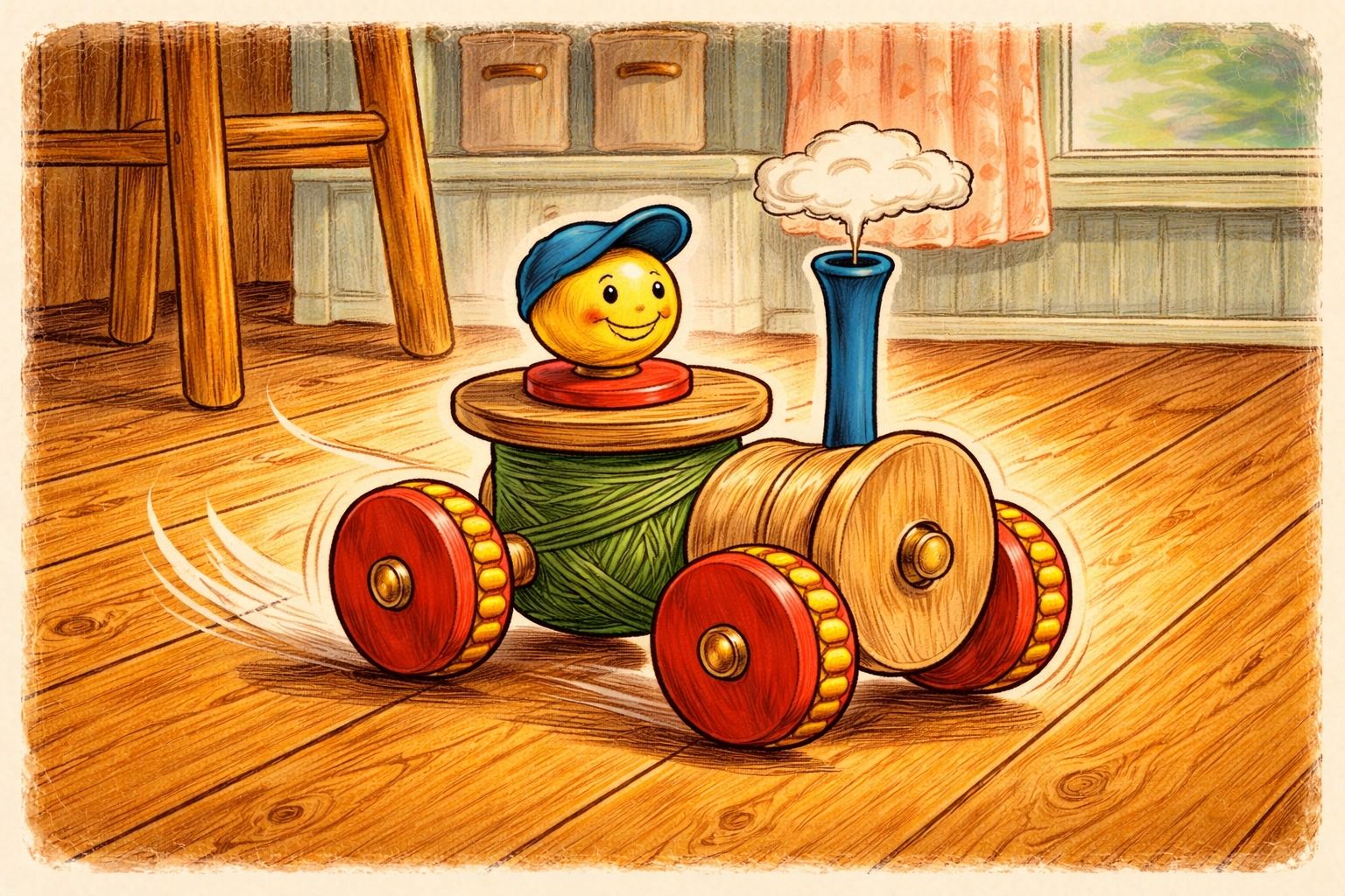Finished spool and stick tractor toy rolling across a wooden floor in a cozy farmhouse kitchen, demonstrating the craft in action