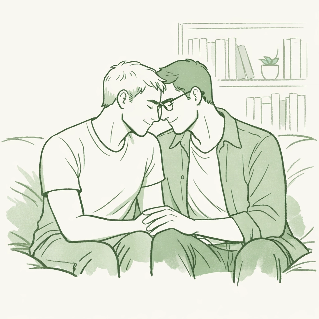 Illustration of two men sharing an emotional connection, reflecting intimacy themes in MM romance.
