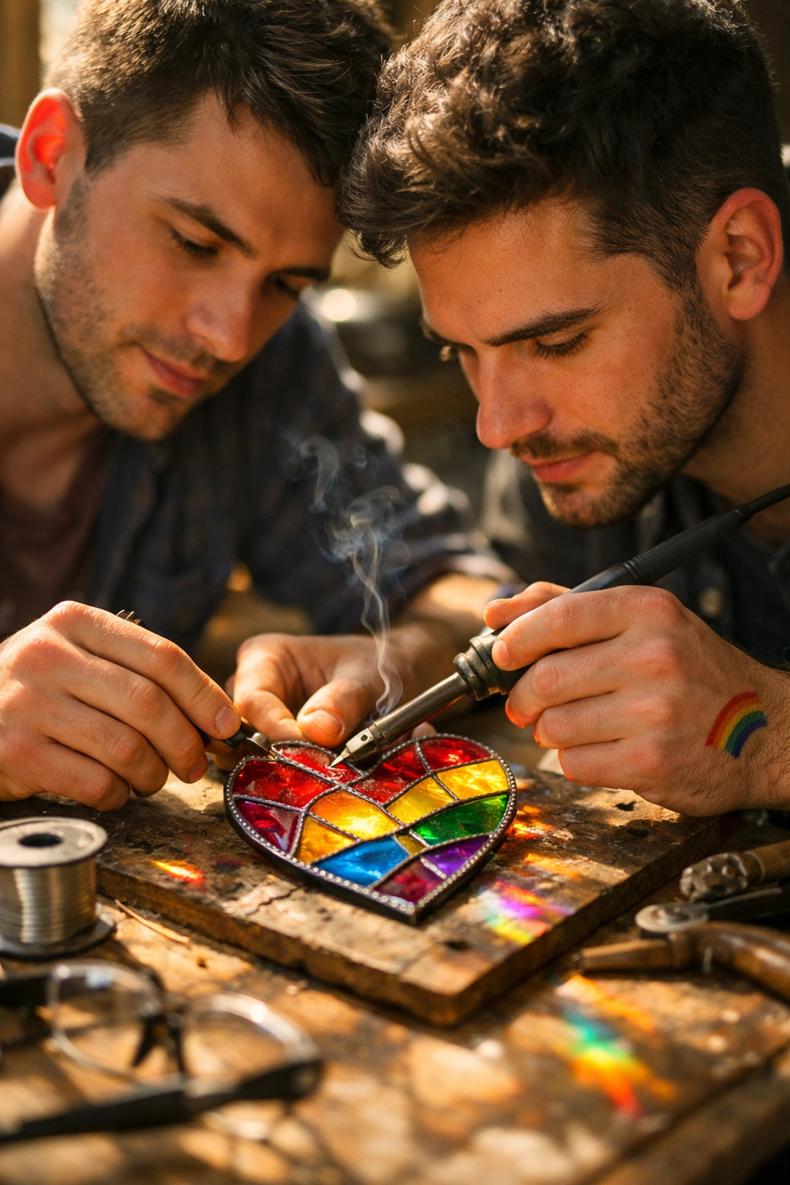 Two men crafting a stained glass heart, illustrating creative queer hobbies and artistic community building.