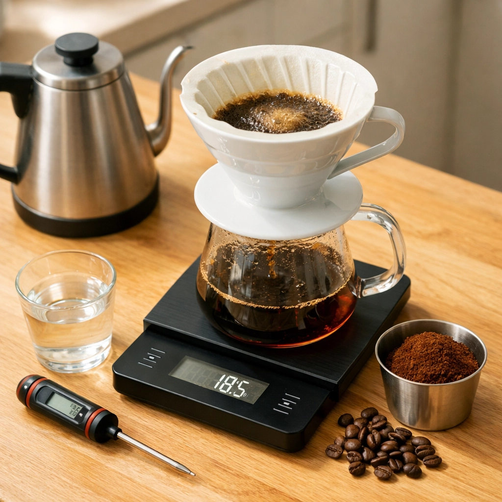 Complete home coffee brewing setup with a V60 dripper, digital scale, and gooseneck kettle.