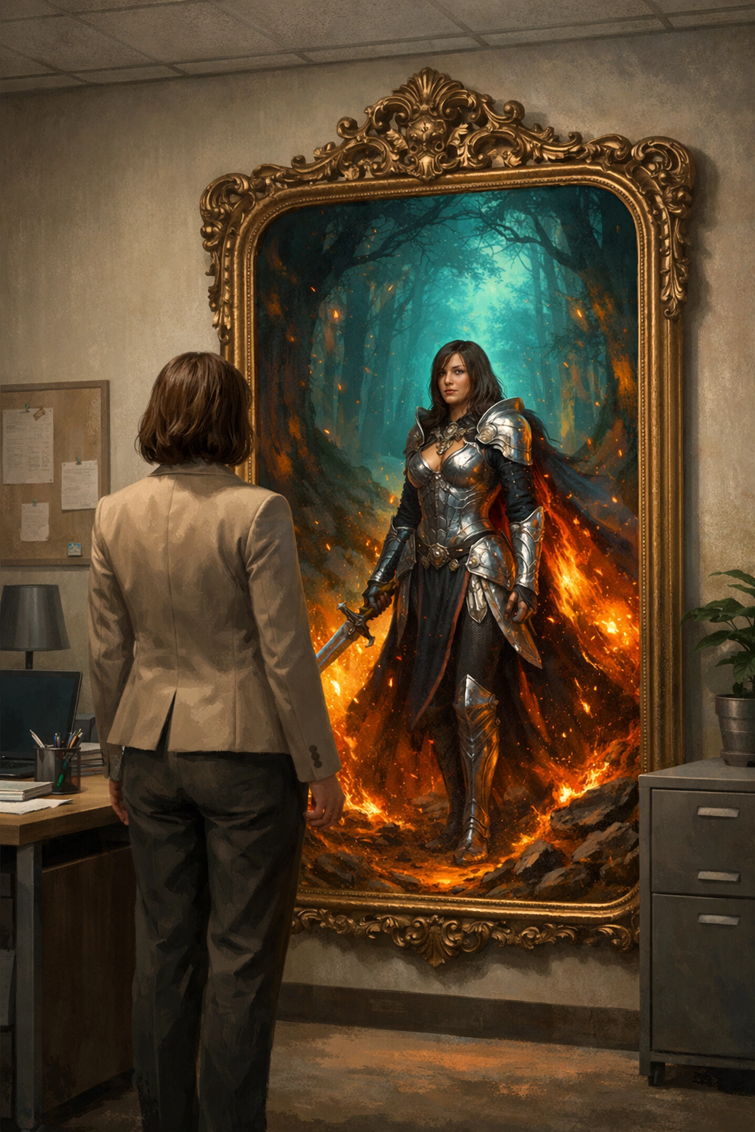 A woman sees her inner heroine in a mirror reflection, showing how to stop people-pleasing and start a belonging audit.