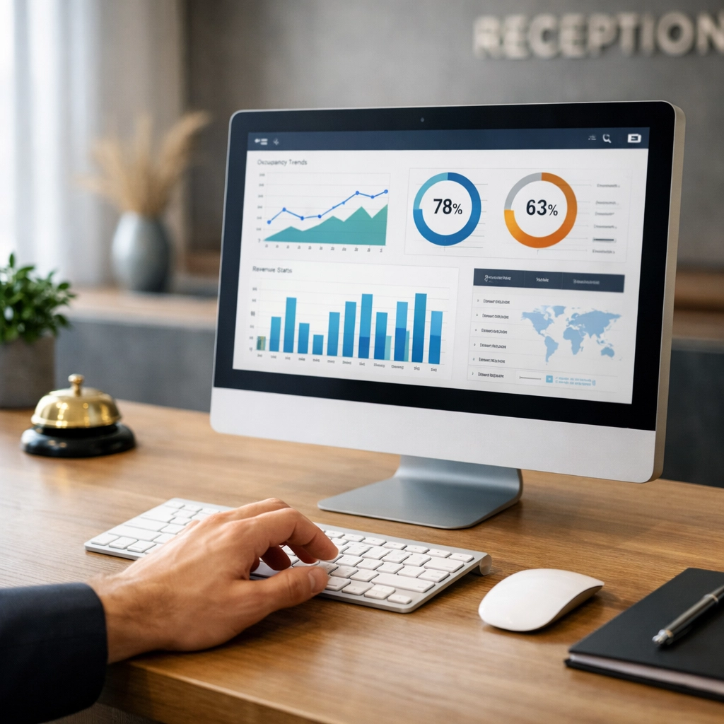 Hotel reception desk showing PMS dashboard with manual override being made on computer