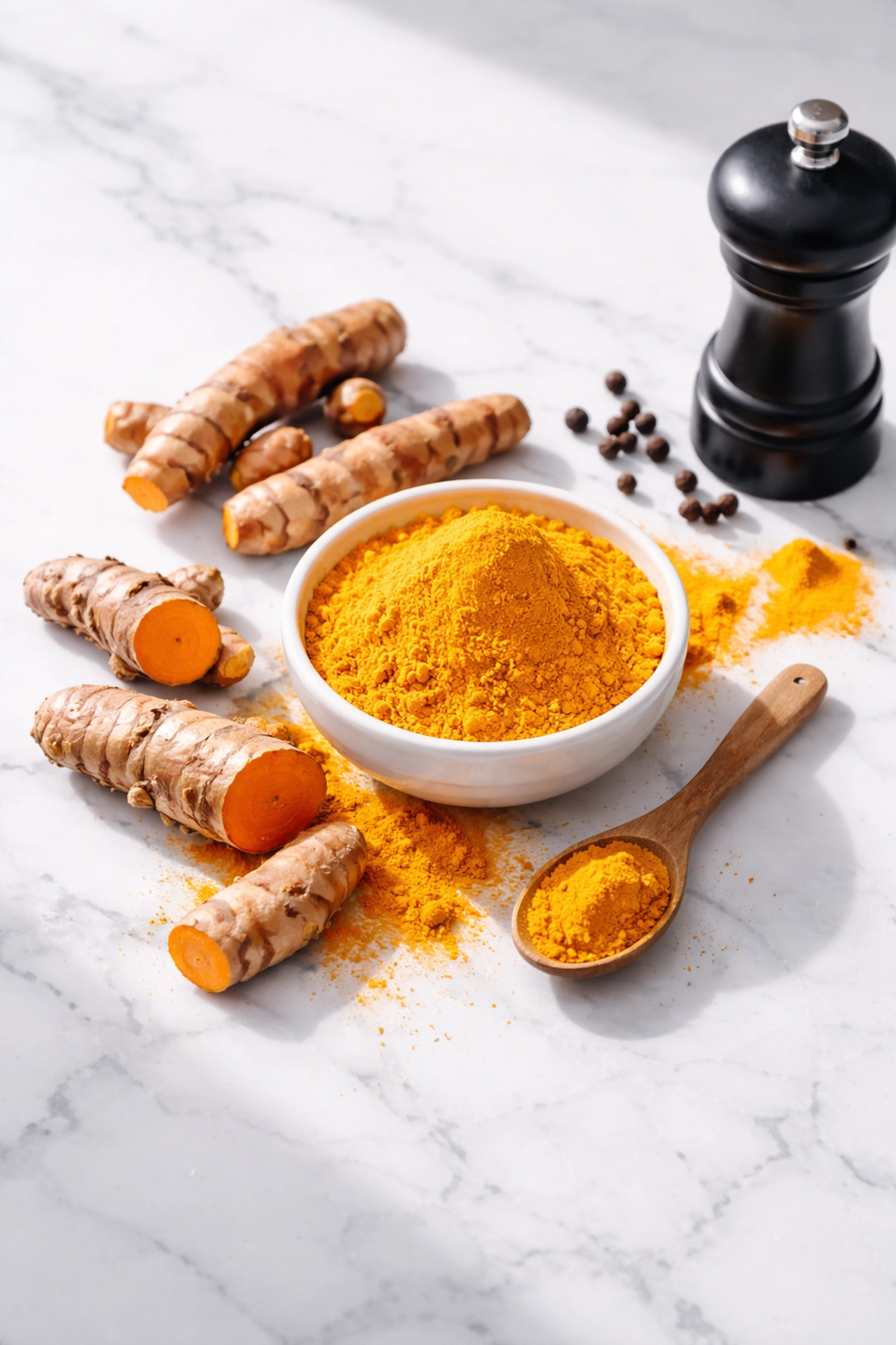 Fresh turmeric roots and golden turmeric powder with black pepper, highlighting curcumin's anti-inflammatory benefits