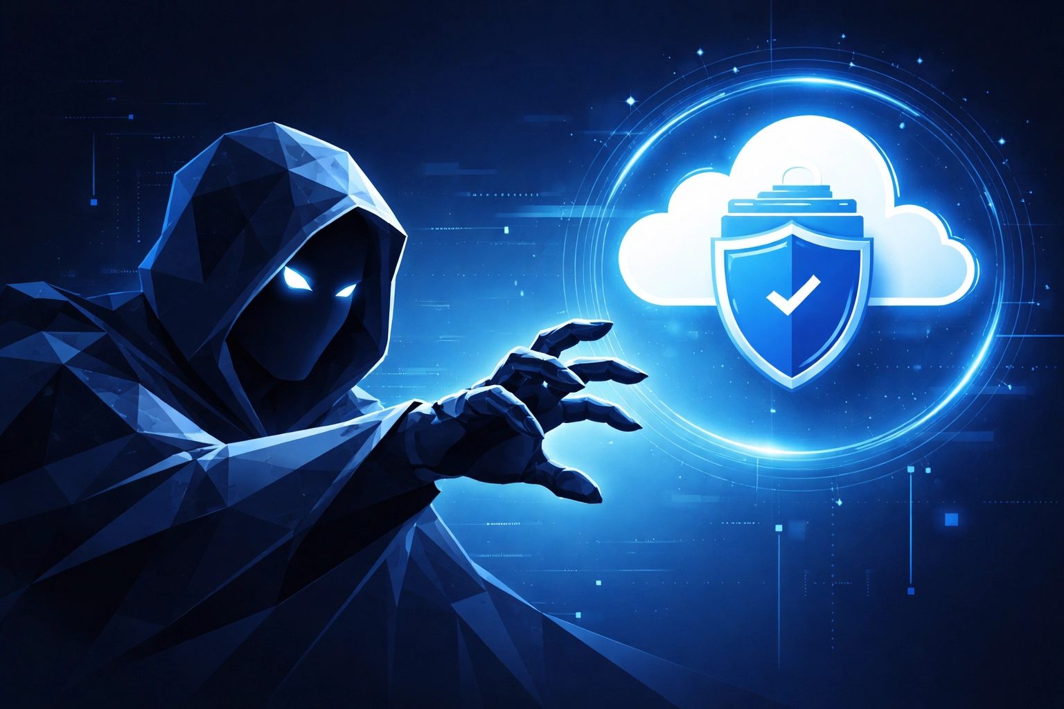 Hooded cybercriminal reaching toward shielded cloud storage, representing ransomware threats to backups