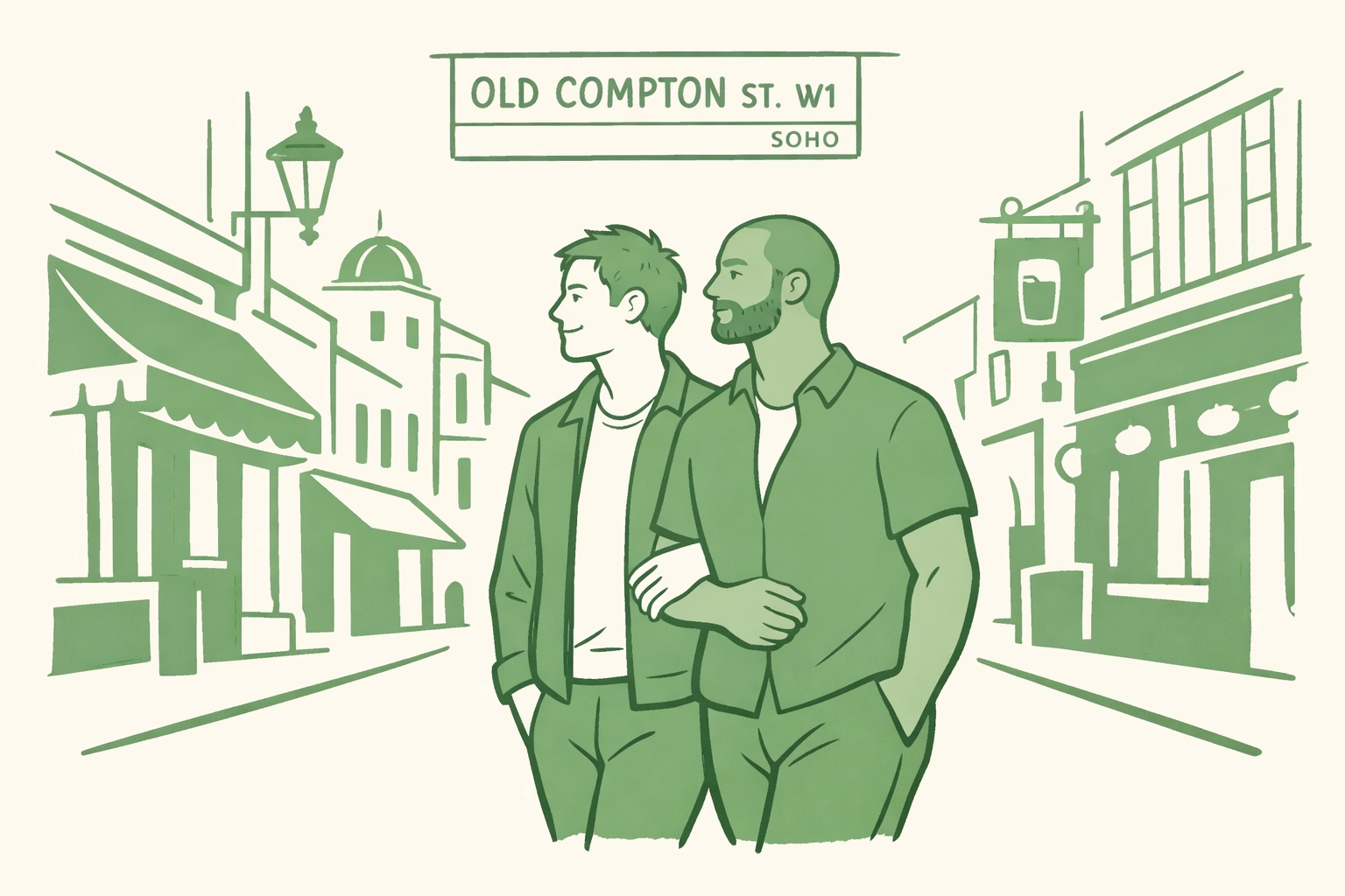 Two men walking with pride down Old Compton Street in Soho, capturing the spirit of modern gay love stories.