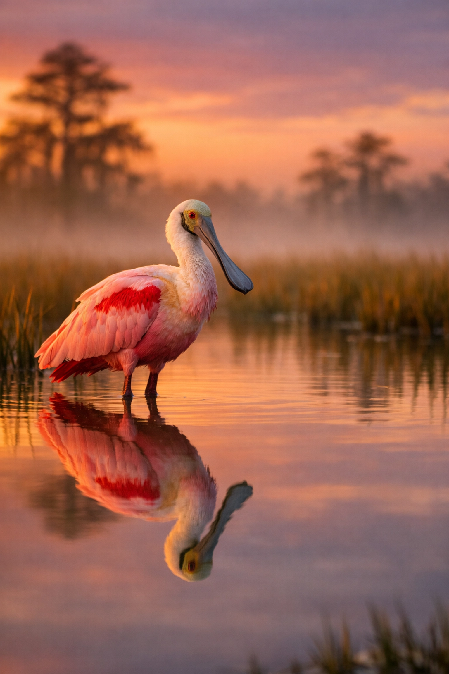 Roseate Spoonbill in the Everglades at sunrise, perfect for bird photography tours during the dry season.