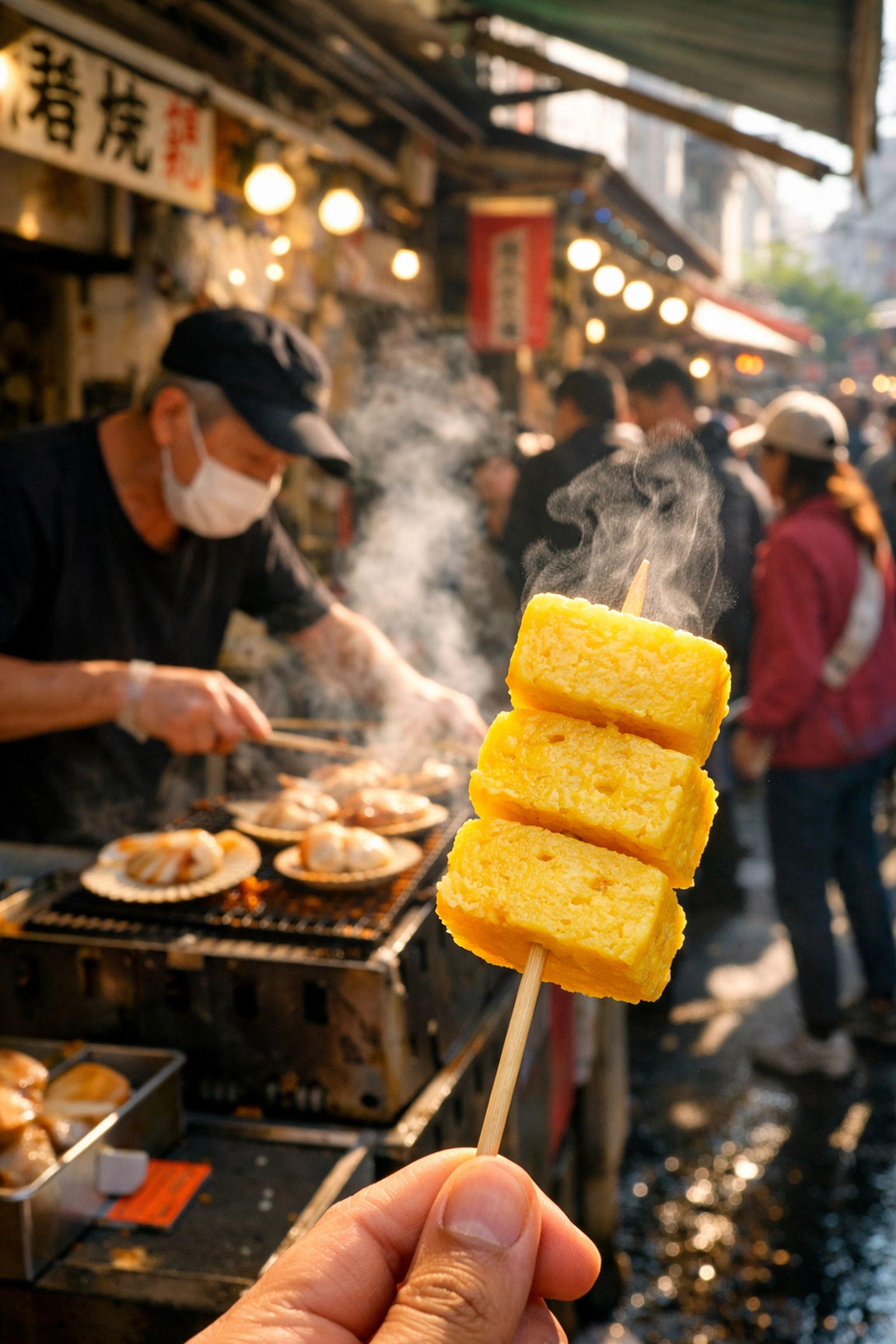 Fresh tamagoyaki skewer at Tsukiji Market, a must-try street food for the best cheap eats in Tokyo.