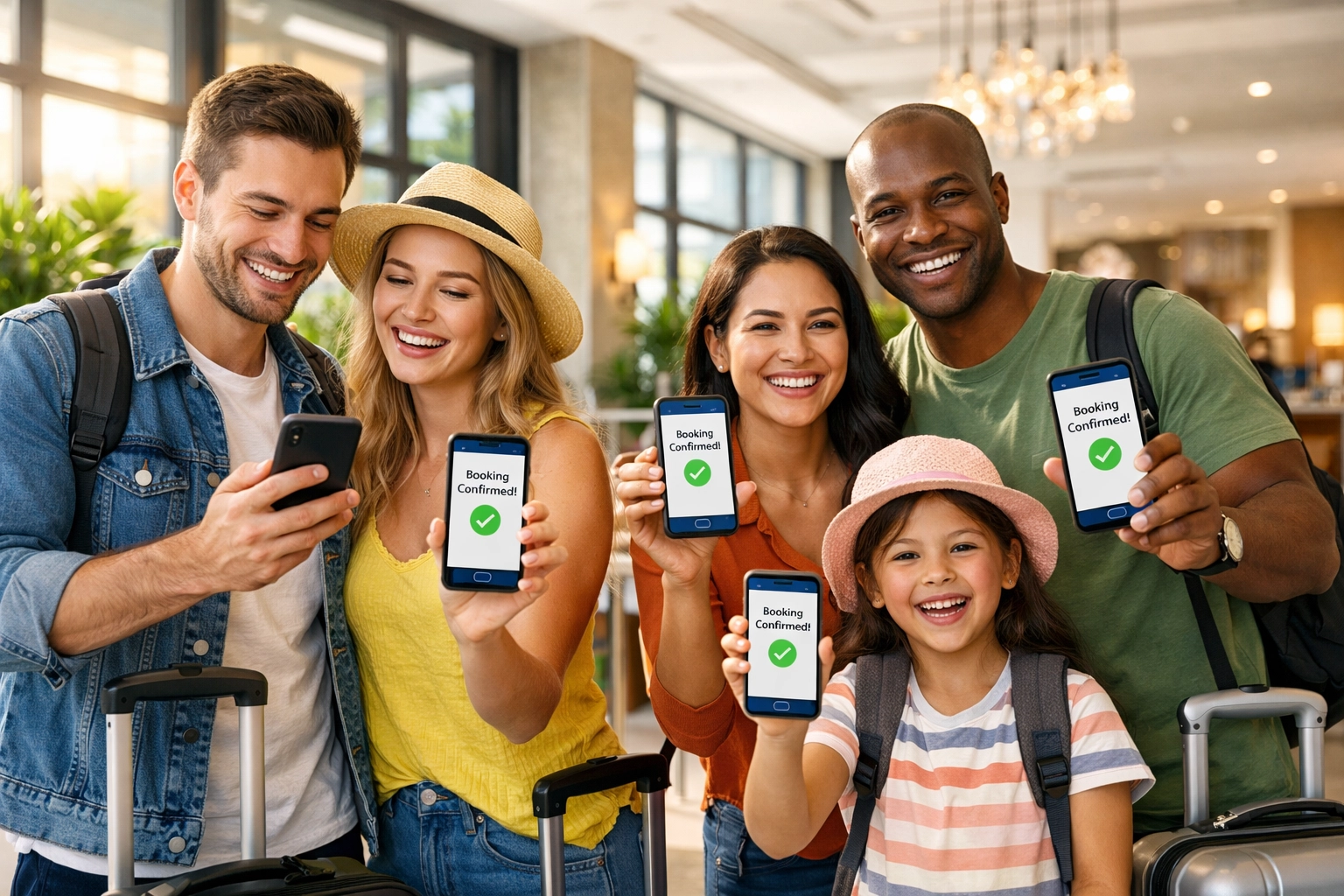 Group of happy travelers holding smartphones displaying "Booking Confirmed!" in a hotel lobby, emphasizing transparent hotel bookings and no hidden fees.