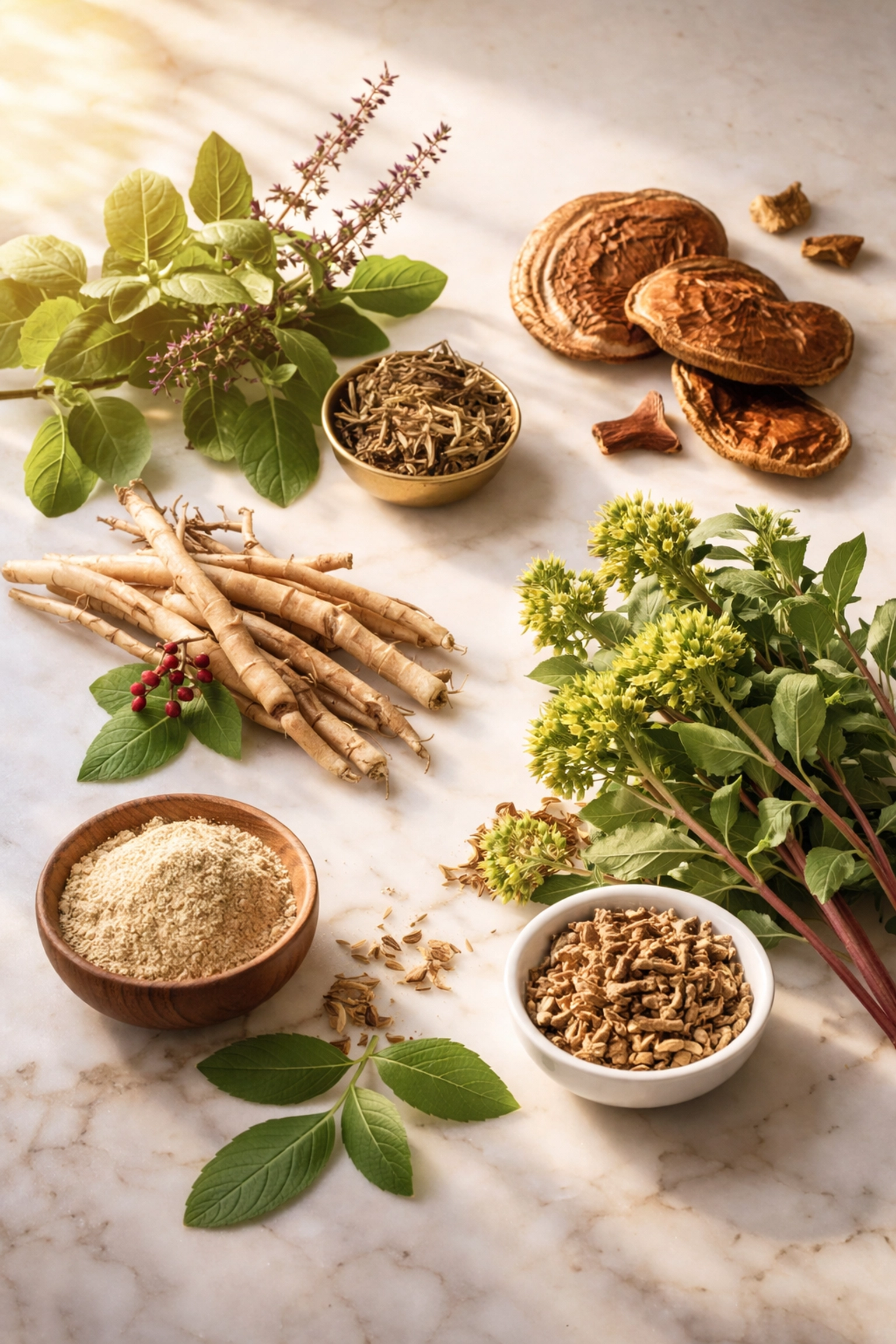 Adaptogenic herbs including ashwagandha, reishi mushrooms, and holy basil arranged on marble for natural stress relief