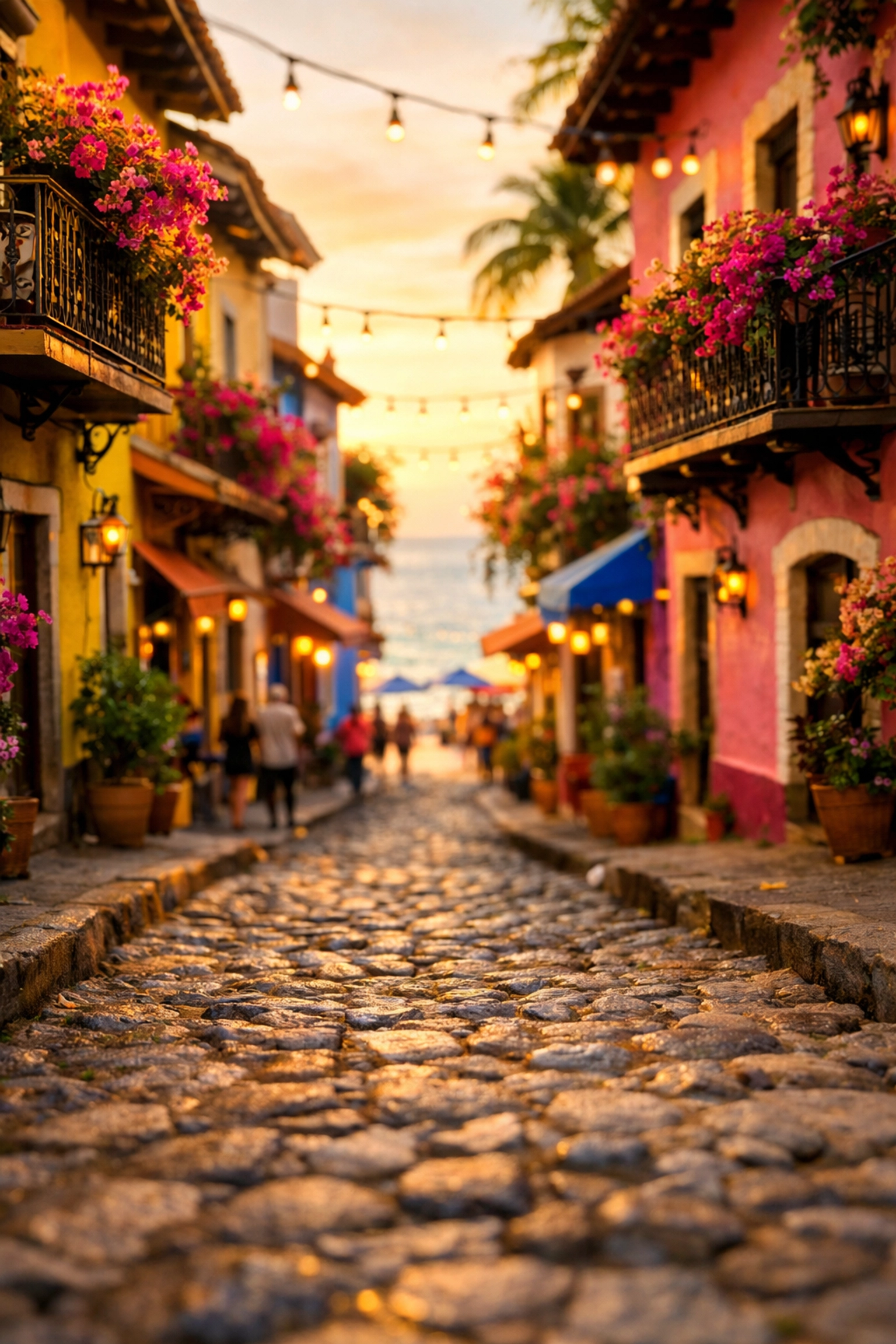 Colorful cobblestone street in Zona Romántica Old Town Puerto Vallarta