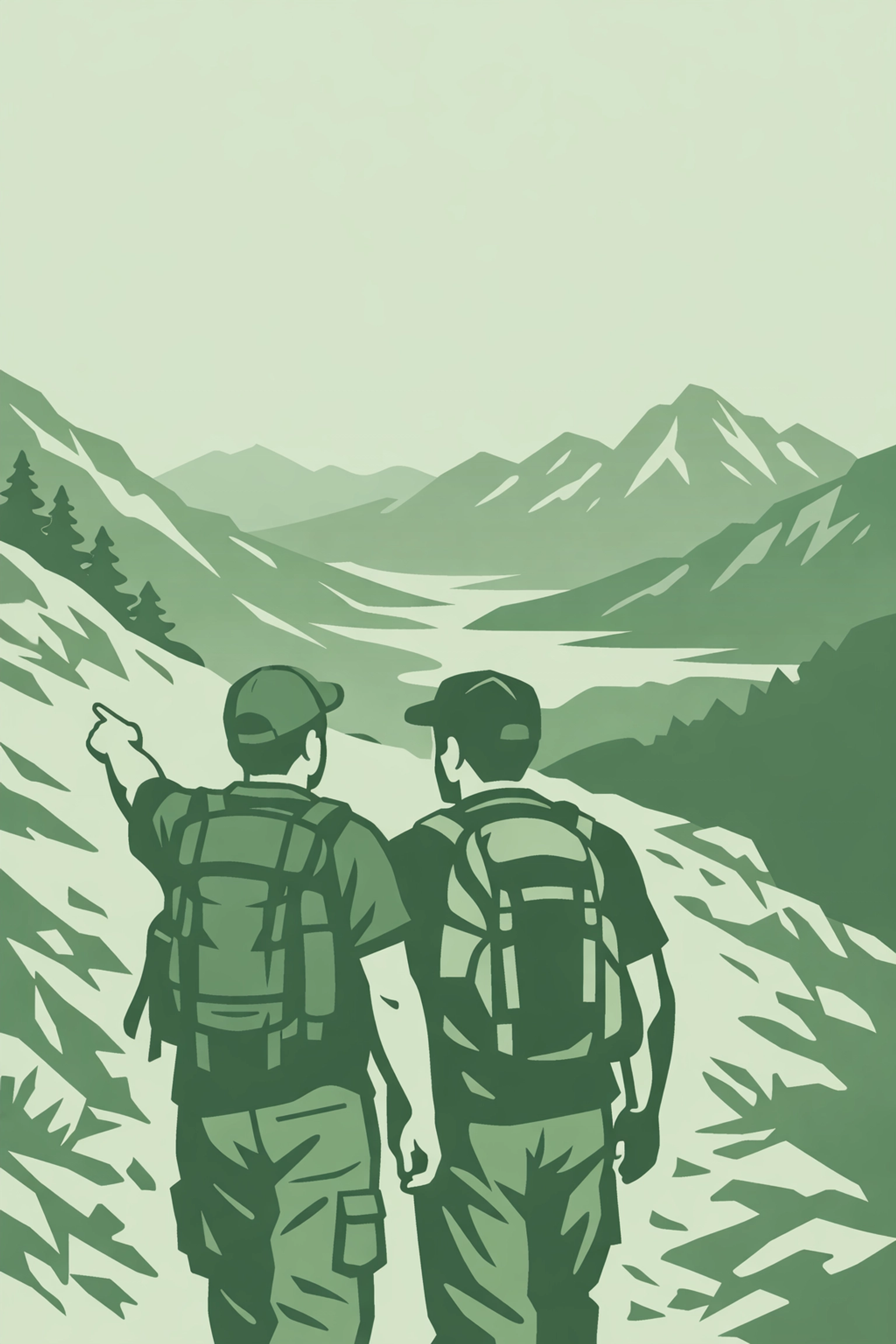Two male hikers walking together on mountain trail - MM romance and adventure