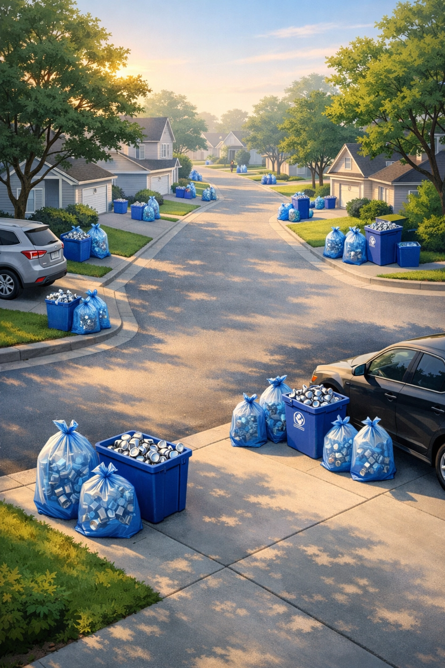 Neighborhood driveways with blue recycling bins full of aluminum cans ready for curbside pickup
