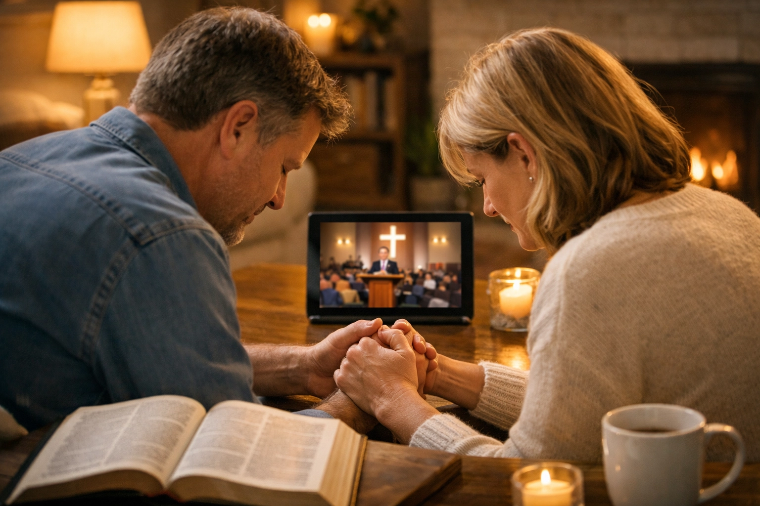 A couple holding hands in prayer while connected to a digital church community via a tablet.