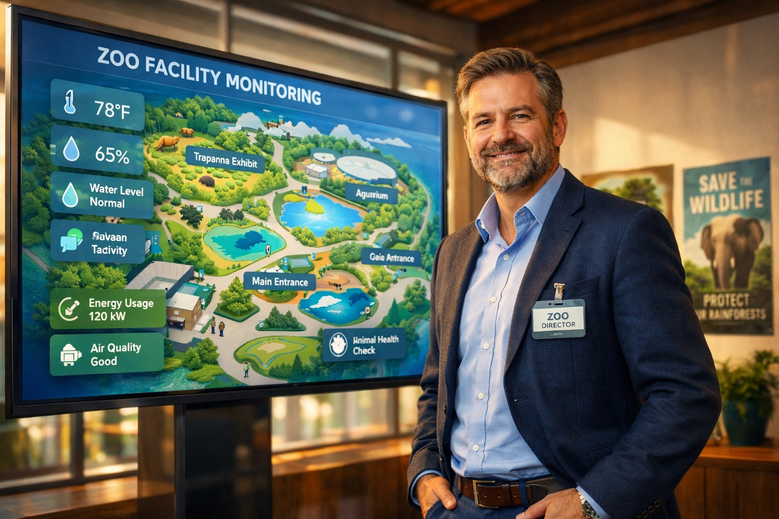 Zoo director reviewing digital strategy on interactive IoT display screen