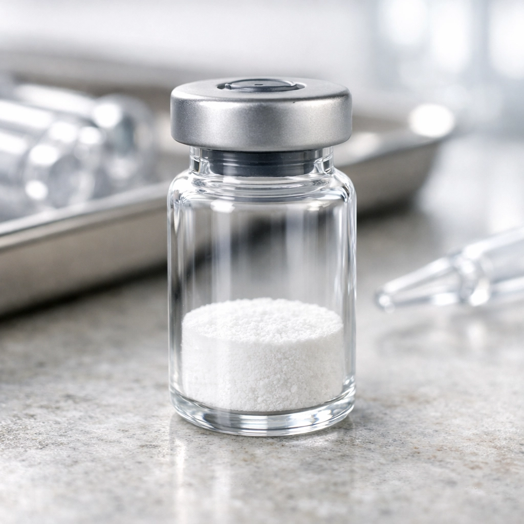 High-purity lyophilized peptide vial in a laboratory for gut health and immune support study.