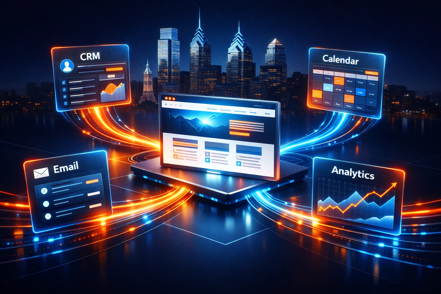 Website integration ecosystem showing connected CRM, email, calendar, and analytics tools