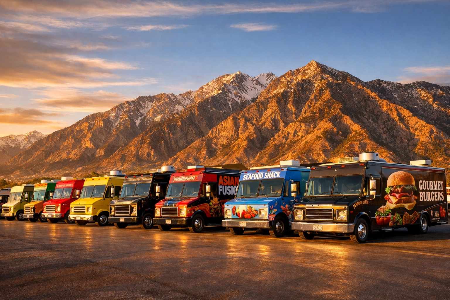 The 801 Food Trucks 10-truck fleet lined up against the scenic Utah mountain landscape at sunset.