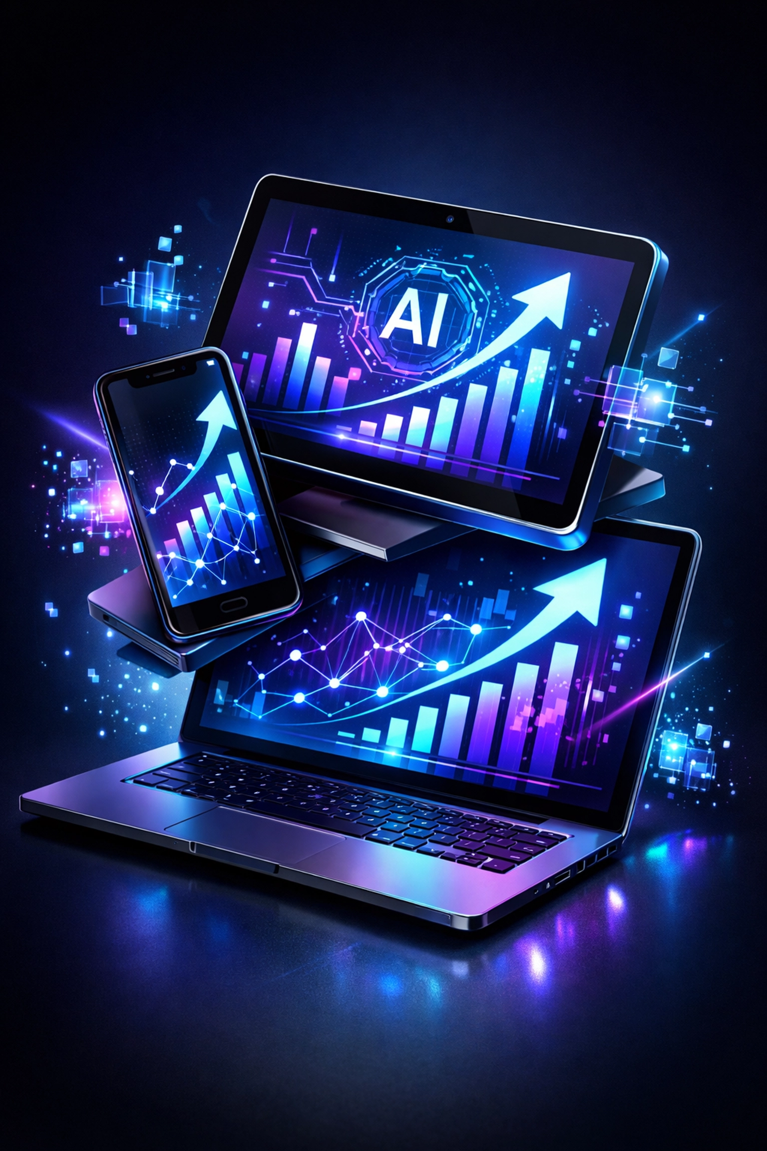 Multiple devices showing digital product sales growth and bundling strategies with upward trends